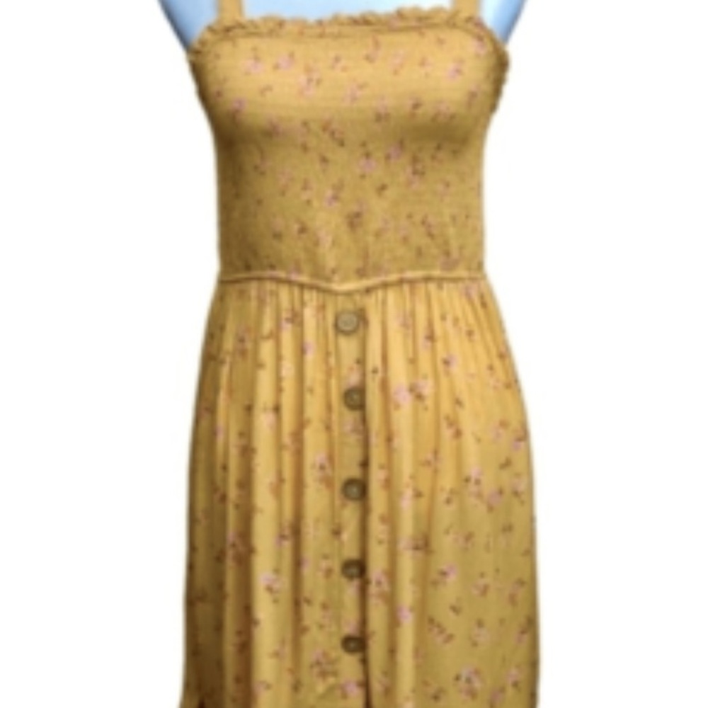 Pink Rose Mustard Floral Dress with Button Accents